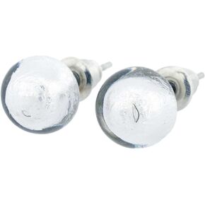 Glass Of Venice Murano Glass Earrings Studs - 1/4-Inch Round Stud Earrings in Silver White Lined with Silver Leaf. Blown Glass - Murano Glass Earrings for Women Handmade in Italy