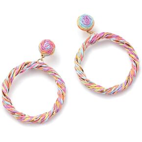 Boho Raffia Hoop Dangle Earrings Twisted - Statement Rattan Round Geometric Earrings For Summer Beach Vacation