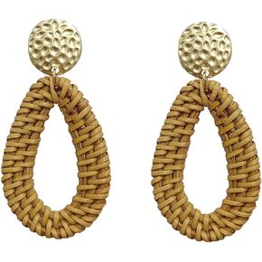 Lightweight Geometric Teardrop Braided Earrings Bohemian Handmade Braided Straw Hoop Dangle Drop Earrings For Women Girls