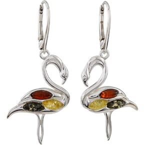 Amber Earrings - Baltic Multicolored Amber French Leverback Flamingo Earrings - Sterling Silver Jewelry Collection