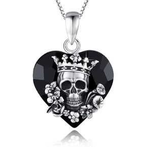 Skeleton Necklace,925 Sterling Silver Skull Necklace Gothic Necklace Black Heart Crystal Skull Pendant Jewelry Gifts (with Gift Box)