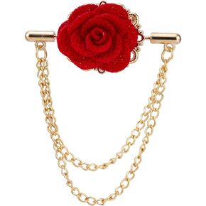 Red Flower with Double Hanging Chain Lapel Pin Brooch