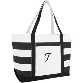 DALIX Striped Beach Bag Tote Bags Canvas Personalized Black Ballent Letter A - Z