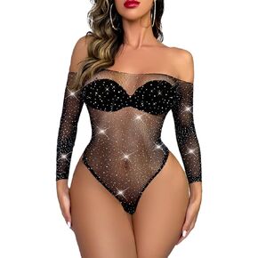 Aucute Women's Sexy Fishnet Lingerie Teddy Mesh One Piece Babydoll Lingerie Sparkle Rhinestone Bodysuit