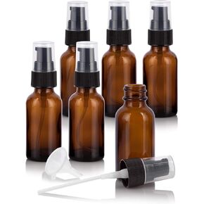 JUVITUS 1 oz / 30 ml Amber Glass Boston Round Bottle with Black Treatment Pump (6 Pack) + Funnel Refillable Empty Storage Containers