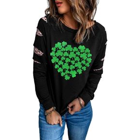 Goodswsw المرأة طويلة الأكمام البلوز بلوزات أربع أوراق البرسيم الحب ليوبارد طباعة اللون حجب فضفاض الخريف in Kuwait