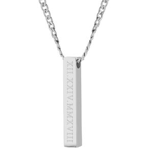 EVE'S ADDICTION Custom Engraved Men's Roman Numeral Stainless Steel Vertical Square Pendant, 20" long chain - Personalized Name & Date Pendant - Gift for Boyfriend - Couples Necklace