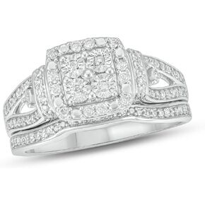 1/4cttw Diamond Square Halo Engagement Ring with Matching Diamond Wedding Band for Women in 925 Sterling Silver, Women's Silver Square Wedding Ring Set with Diamond Accented Bands