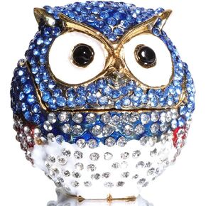 Waltz&F Diamond Light Blue Owl TrinketBox Hinged Hand-painted Figurine Collectible Ring Holder