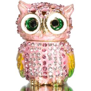 Waltz&F Diamond Light Blue Owl TrinketBox Hinged Hand-painted Figurine Collectible Ring Holder