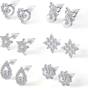 Aucuu 6 Pairs Earrings Set, Hypoallergenic Cubic Zirconia Stud, 925 Sterling Silver Simulated, 9-12 mm, Diamond Pearl Earrings, Jewelry Gif