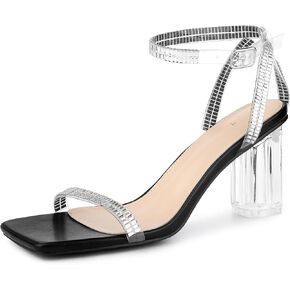 Perphy Square Toe Rhinestone Strap Clear Heel Block Heels Sandals for Women