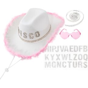 Peicees Cowboy Hat With Sunglasses for Women Felt Cowgirl Hat With Feather Rhinestone DIY Costume Accessories Western Party