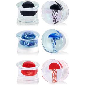 YOFANST 3Pairs Glass Ocean Jellyfish Ear Plugs Gauges Tunnel Expanders Stretcher Earrings Double Flared Piercings Body Jewelry Blue Red Black Set 0G-5/8''