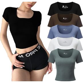 VPF 5 Pack Square Neck Short Sleeve Crop Tops for Women Basic T Shirts Workout Stretchy Slim Fit Cropped T Shirts