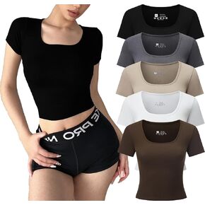 VPF 5 Pack Square Neck Short Sleeve Crop Tops for Women Basic T Shirts Workout Stretchy Slim Fit Cropped T Shirts