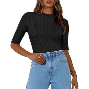 OUGES Women's Lightweight Sweaters 2024 Stretchy Long Sleeve Pullover Cable Knit Mock Turtleneck Shirts