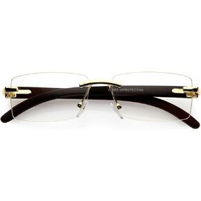 zeroUV Dapper Rimless Metal Accent Wood Arm Square Lens Blue Light Glasses 56mm (Mahogany Wood Gold)