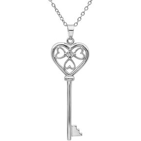 Diamond Key to Her Heart Pendant Necklace for Women in Sterling Silver on an 18 inch Sterling Silver Chain| Real Diamond Set in Sterling Silver