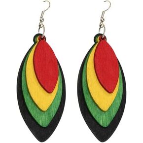 Bohemian African Natural Wooden Earrings for Women Teens Girls Students Colorful Map Cute Geometric Triangle Multilayer Dangling Drop Wood Leaf Earring Lightweight Charm Jewelry Ethnic Gift