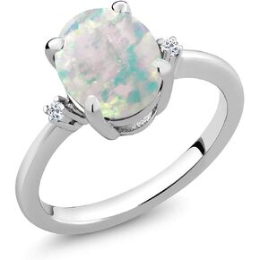 Gem Stone King 925 Sterling Silver White Simulated Opal and White Topaz Ring For Women (1.74 Cttw, Oval Cabochon 10X8MM, Available In Size 5, 6, 7, 8, 9)