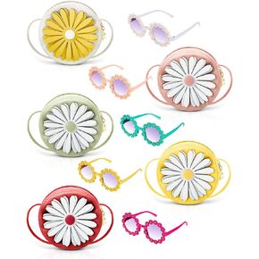 Tellegloww 10 Pcs Daisy Flower Little Girls Purses Cute Toddler Crossbody Purse 5 Pcs Daisy Flower Purses Girls Wallets 5 Pairs Daisy Shape Round Glasses Girls Fashion Sunglass, 5 Colors