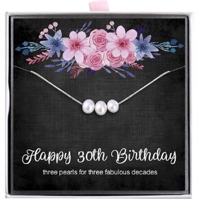 ALoveSoul 30th Birthday Gifts for Women - 3 Pearls 925 Sterling Silver Necklace for Her 3 Decade Jewelry 30 Years Old Birthday Gifts Ideas