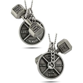 Shields of Strength Women's Weight Plate and Dumbbell Pendant Combo Necklace Philippians 4:13 & Luke 1:37 Bible Verses Weightlifters Christian Jewelry