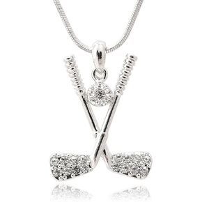 Spinningdaisy Silver Plated Crystal Golf Club and Clear Golf Ball Necklace