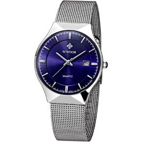 MASTOP Men Watch Ultra Thin Watches Stainless Steel Mesh Band Quartz Wristwatch Fashion Date Waterproof Watches