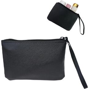 Small Makeup Bag for Purse Organizer Pouches Black Make up Bag Makeupbag Vintage Cosmetic Pouch for Women Lightweight PU Leather Mini Zipper Coin Purse Lipstick Holder Stuff Bags for Travel