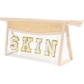 Sunscreen Bags for Beach Boho Clear Makeup Bag Toiletry Bag Varsity Letter Cosmetic Bag Clear Toiletry Bags for Traveling Beige Waterproof PVC Zipper Clear Pouch Compliant Bag for Women