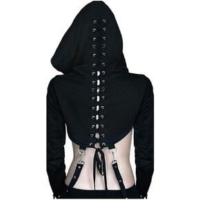 RARITYUS Women Sexy Off Shoulder Gothic Punk Lace Hoodie Crop Top Long Sleeve Bandage Sweatshirt for Rave Halloween Costume
