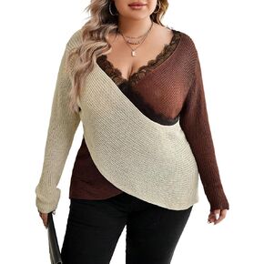 WDIRARA Women's Plus Size Two Tone Pullovers Eyelash Lace Trim Deep V Neck Wrap Crossover Sweater