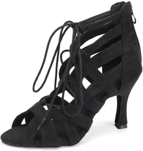 SWDZM Open Toe Salsa Dancing Boots Women Latin Ballroom Ankle Dance Shoes Lace up,7208-Black,Heel 3 1/3",suede sole,US 8.5 in Kuwait