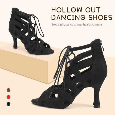 SWDZM Open Toe Salsa Dancing Boots Women Latin Ballroom Ankle Dance Shoes Lace up,7208-Black,Heel 3 1/3",suede sole,US 8.5 in Kuwait