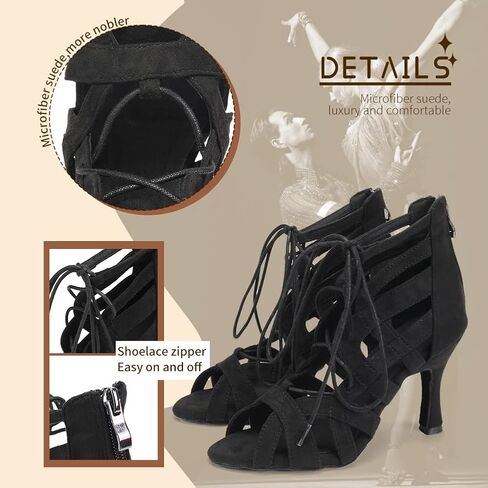 SWDZM Open Toe Salsa Dancing Boots Women Latin Ballroom Ankle Dance Shoes Lace up,7208-Black,Heel 3 1/3",suede sole,US 8.5 in Kuwait