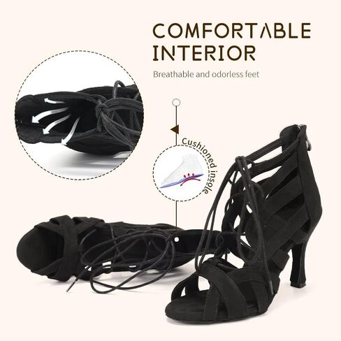 SWDZM Open Toe Salsa Dancing Boots Women Latin Ballroom Ankle Dance Shoes Lace up,7208-Black,Heel 3 1/3",suede sole,US 8.5 in Kuwait