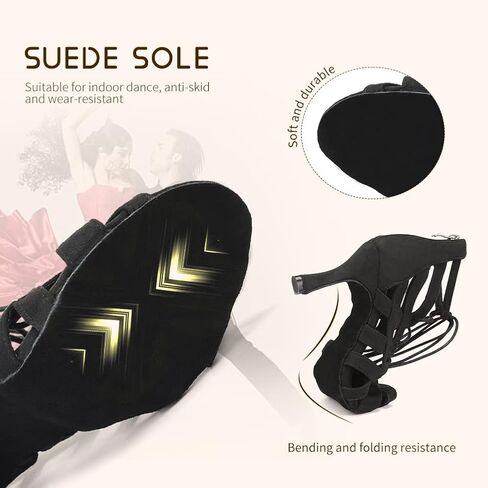 SWDZM Open Toe Salsa Dancing Boots Women Latin Ballroom Ankle Dance Shoes Lace up,7208-Black,Heel 3 1/3",suede sole,US 8.5 in Kuwait