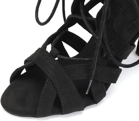 SWDZM Open Toe Salsa Dancing Boots Women Latin Ballroom Ankle Dance Shoes Lace up,7208-Black,Heel 3 1/3",suede sole,US 8.5 in Kuwait