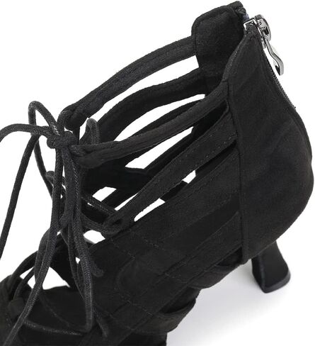 SWDZM Open Toe Salsa Dancing Boots Women Latin Ballroom Ankle Dance Shoes Lace up,7208-Black,Heel 3 1/3",suede sole,US 8.5 in Kuwait