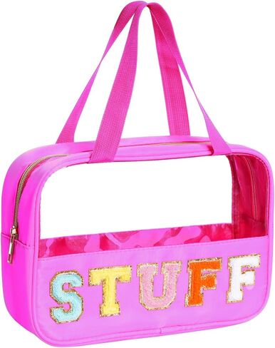 سينوغ شنطة مكياج كبيرة شفافة من قماش الشانيل بحروف من الشانيل مع رقع حروف من الشانيل الشفاف، شنطة مكياج للسفر للنساء والفتيات in Kuwait