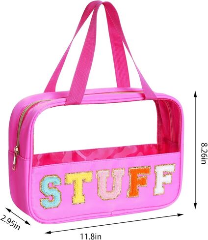 سينوغ شنطة مكياج كبيرة شفافة من قماش الشانيل بحروف من الشانيل مع رقع حروف من الشانيل الشفاف، شنطة مكياج للسفر للنساء والفتيات in Kuwait