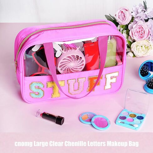 سينوغ شنطة مكياج كبيرة شفافة من قماش الشانيل بحروف من الشانيل مع رقع حروف من الشانيل الشفاف، شنطة مكياج للسفر للنساء والفتيات in Kuwait