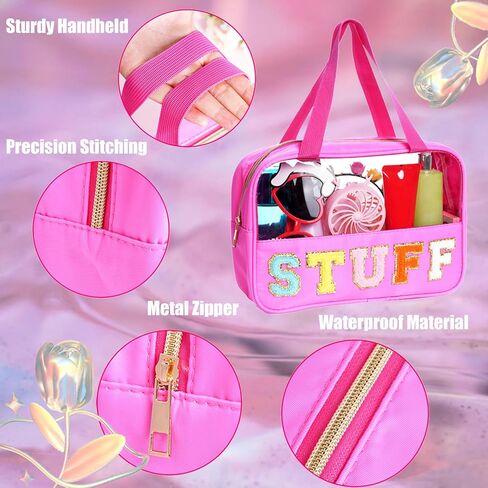 سينوغ شنطة مكياج كبيرة شفافة من قماش الشانيل بحروف من الشانيل مع رقع حروف من الشانيل الشفاف، شنطة مكياج للسفر للنساء والفتيات in Kuwait