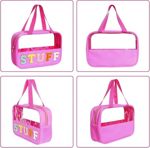 سينوغ شنطة مكياج كبيرة شفافة من قماش الشانيل بحروف من الشانيل مع رقع حروف من الشانيل الشفاف، شنطة مكياج للسفر للنساء والفتيات in Kuwait