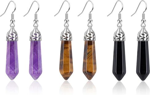 Jovivi 3Pairs Healing Crystals Earrings Sets for Women Girls Natural Real Amethyst Rose Quartz Stone Healing Hexagonal Points Crystal Chakra Dangle Earrings in Saudi Arabia