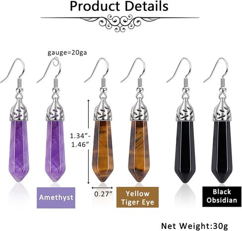 Jovivi 3Pairs Healing Crystals Earrings Sets for Women Girls Natural Real Amethyst Rose Quartz Stone Healing Hexagonal Points Crystal Chakra Dangle Earrings in Saudi Arabia