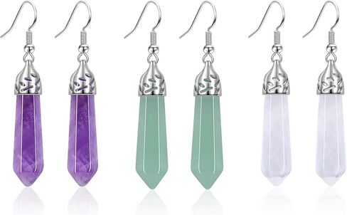 Jovivi 3Pairs Healing Crystals Earrings Sets for Women Girls Natural Real Amethyst Rose Quartz Stone Healing Hexagonal Points Crystal Chakra Dangle Earrings in Saudi Arabia