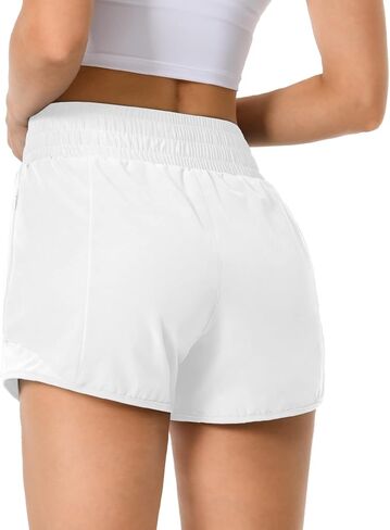 QUEENIEKE Women's High Waisted Running Shorts Lightweight Quick Dry Workout Shorts with Drawstring and Zip Pocket in Kuwait